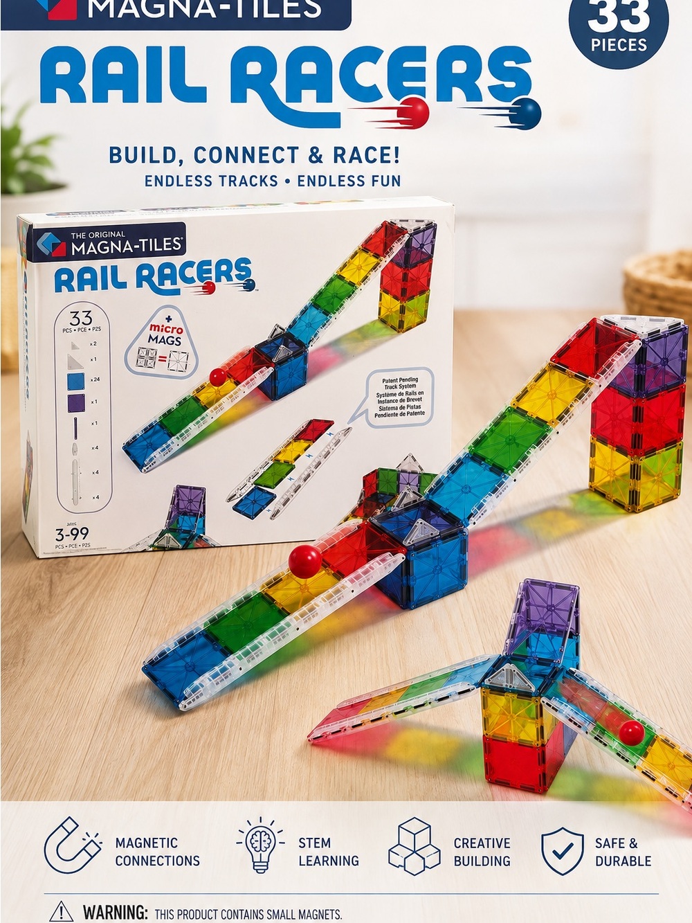 Magna-Tiles Rail Racers 33-Piece Magnetic Building Set - Multicolor